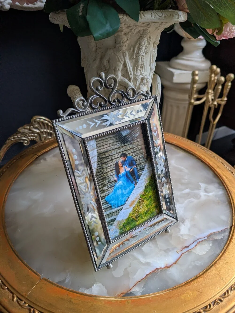 Vintage Ornate Italian Venetian-style mirrored tabletop picture frame,  hand-etc